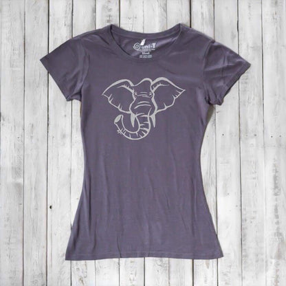Charcoal grey Women's Elephant T-Shirt in bamboo & organic cotton with light grey elephant print. Stylish and sustainable wildlife-themed top.