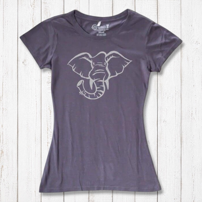 Charcoal grey Women's Elephant T-Shirt in bamboo & organic cotton with light grey elephant print. Stylish and sustainable wildlife-themed top.