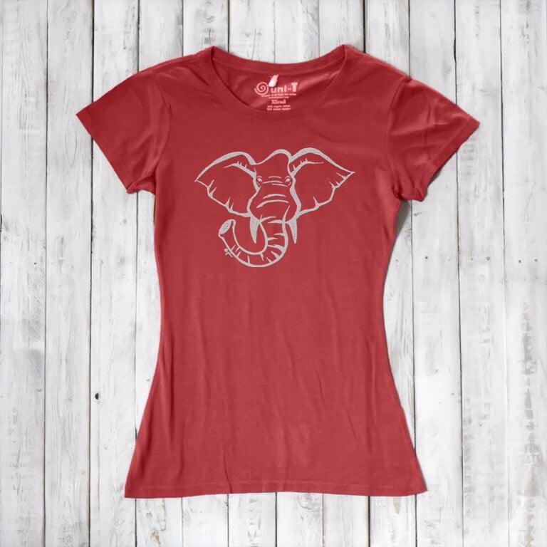 Red Women's Elephant T-Shirt in bamboo & organic cotton with white elephant graphic. Sustainable safari animal tee for eco-conscious shoppers.