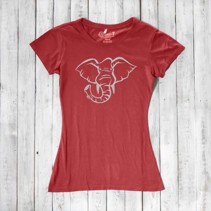 Red Women's Elephant T-Shirt in bamboo & organic cotton with white elephant graphic. Sustainable safari animal tee for eco-conscious shoppers.