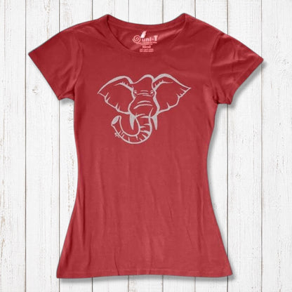 Red Women's Elephant T-Shirt in bamboo & organic cotton with white elephant graphic. Sustainable safari animal tee for eco-conscious shoppers.