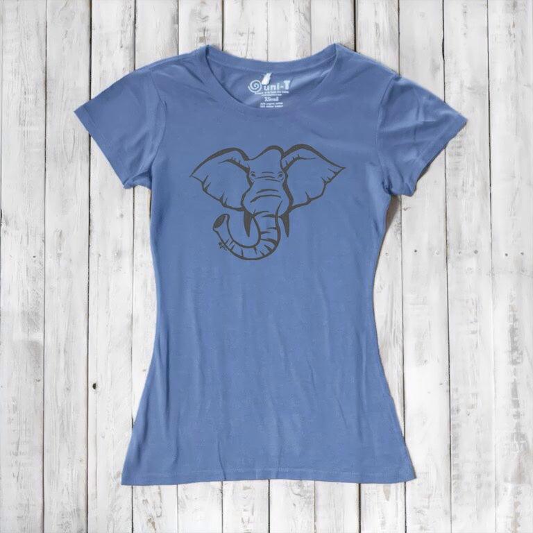 Slate blue Women's Elephant T-Shirt in bamboo & organic cotton with black elephant design. Eco-friendly animal lover gift tee from Uni-T.