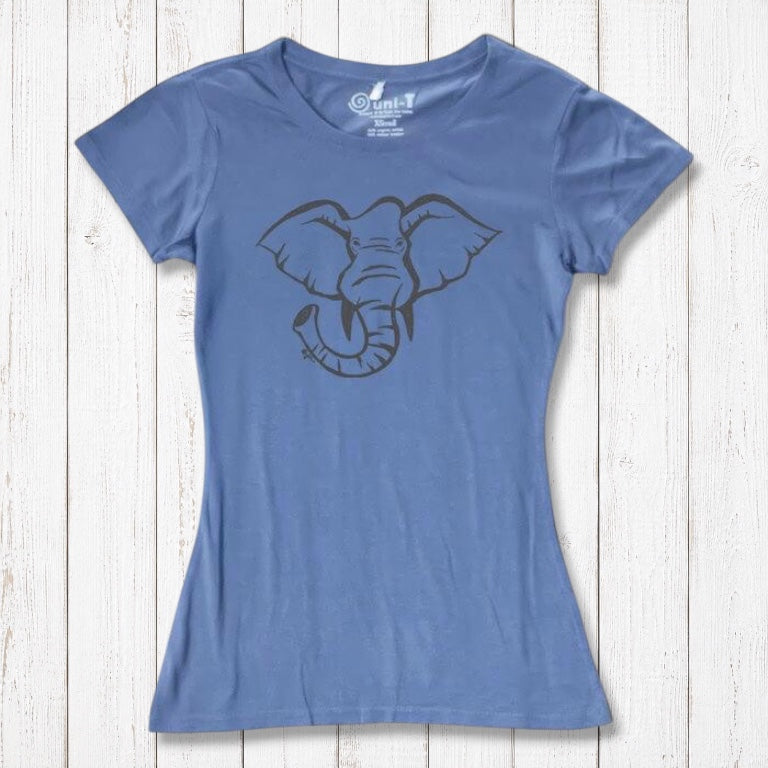 Slate blue Women's Elephant T-Shirt in bamboo & organic cotton with black elephant design. Eco-friendly animal lover gift tee from Uni-T.
