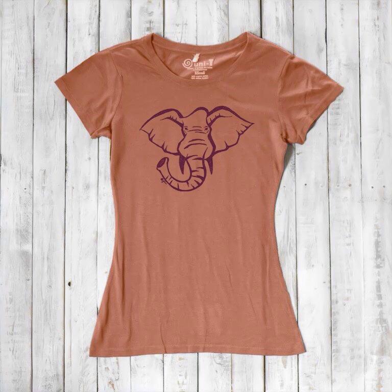 Terracotta Women's Elephant T-Shirt in bamboo & organic cotton with purple elephant print. Ethical gift idea for wildlife and safari lovers.