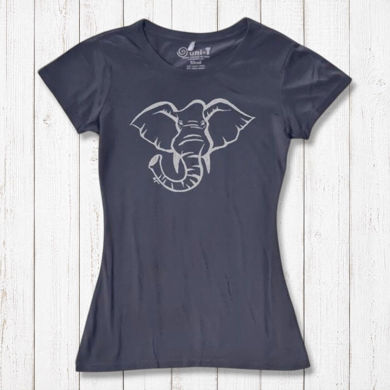 Navy blue Women's Elephant T-Shirt in bamboo & organic cotton with white elephant graphic. Sustainable and soft safari-themed fashion top.