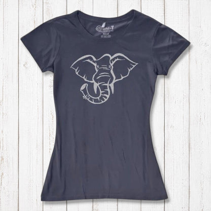 Navy blue Women's Elephant T-Shirt in bamboo & organic cotton with white elephant graphic. Sustainable and soft safari-themed fashion top.