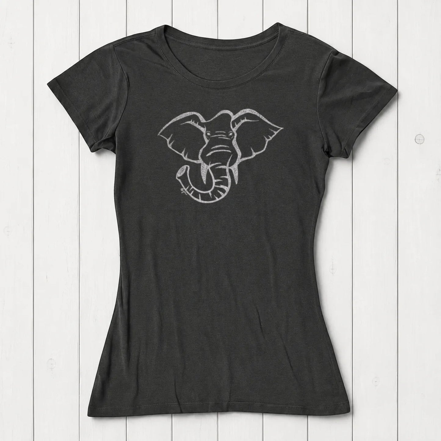 Black women's T-shirt made from soft bamboo and organic cotton with a white outline graphic of an elephant on the front, casual style