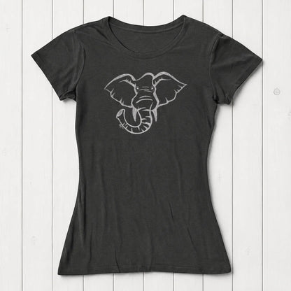 Black women's T-shirt made from soft bamboo and organic cotton with a white outline graphic of an elephant on the front, casual style