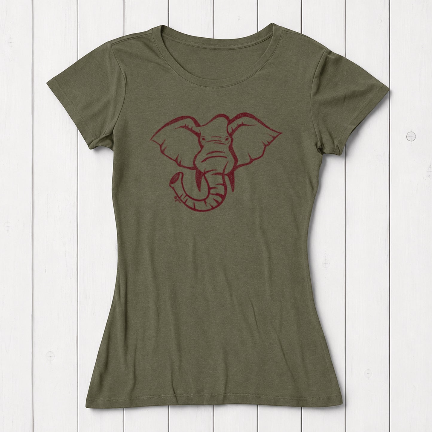 Olive green women's T-shirt with a red outline graphic of an elephant's face, made from soft organic cotton, casual wear