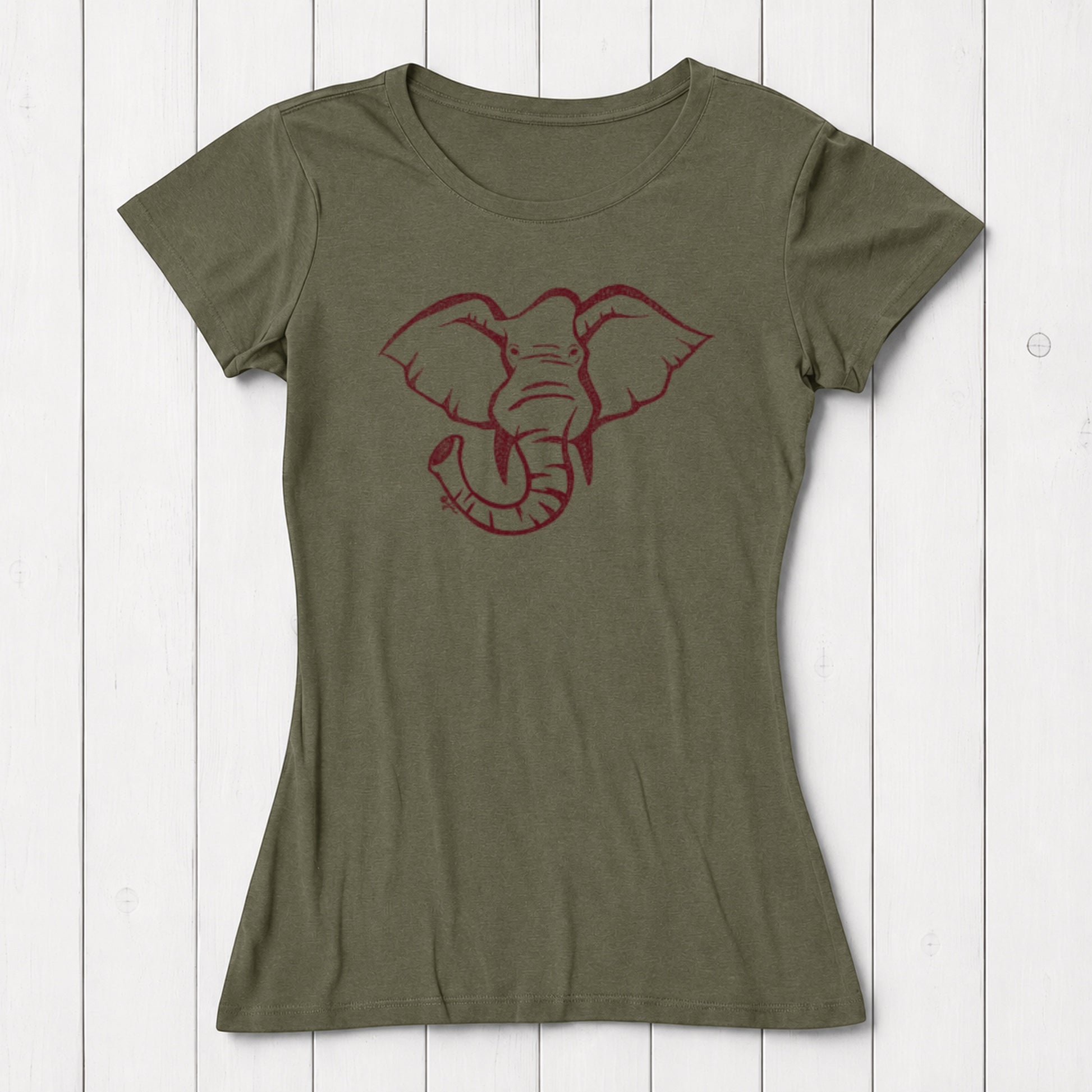 Olive green women's T-shirt with a red outline graphic of an elephant's face, made from soft organic cotton, casual wear