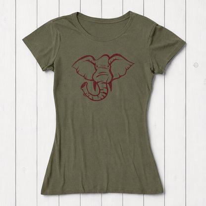 Olive green women's T-shirt with a red outline graphic of an elephant's face, made from soft organic cotton, casual wear