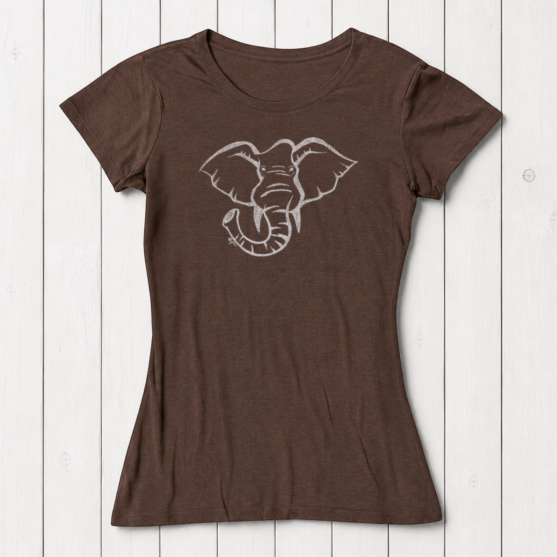 Brown women's T-shirt made from bamboo and organic cotton with a white line art elephant graphic, casual wear for animal lovers, SKU: WSSXXSKHK