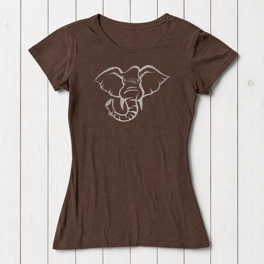 Brown women's T-shirt made from bamboo and organic cotton with a white line art elephant graphic, casual wear for animal lovers, SKU: WSSXXSKHK
