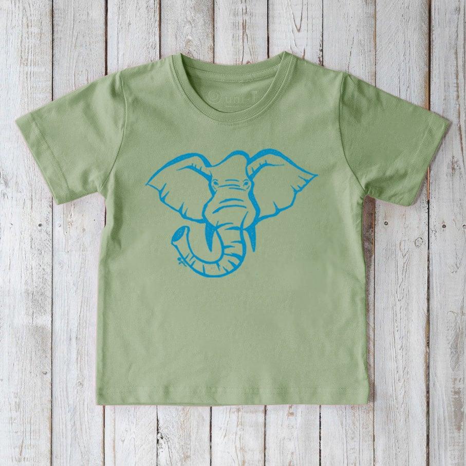 Kids' Elephant Organic Cotton T-Shirt in sage green with blue wildlife graphic by Uni-T, eco-friendly safari animal top for children.