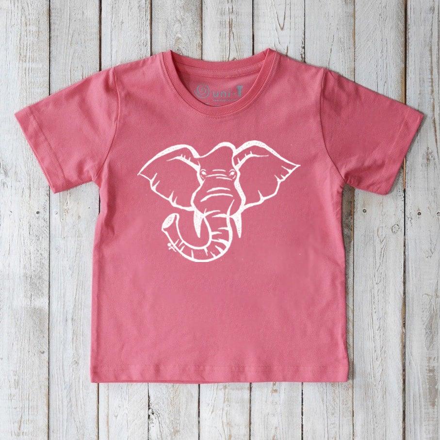 Kids' Elephant Organic Cotton T-Shirt in coral pink with white elephant graphic, sustainable safari-themed tee by Uni-T for children.