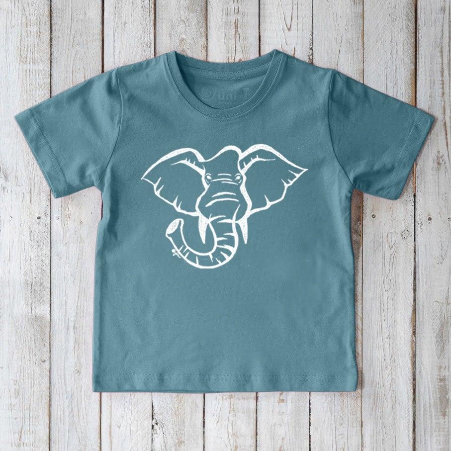 Eco-friendly Kids' Elephant Organic Cotton T-Shirt in teal blue with white wildlife print, nature-inspired top by Uni-T for young explorers.