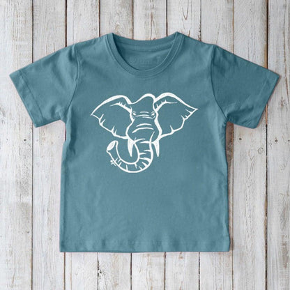 Eco-friendly Kids' Elephant Organic Cotton T-Shirt in teal blue with white wildlife print, nature-inspired top by Uni-T for young explorers.