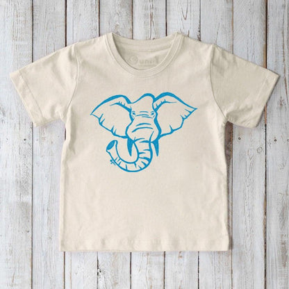 Natural cream Kids' Elephant Organic Cotton T-Shirt with bright blue elephant graphic, eco-friendly safari tee by Uni-T for kids.