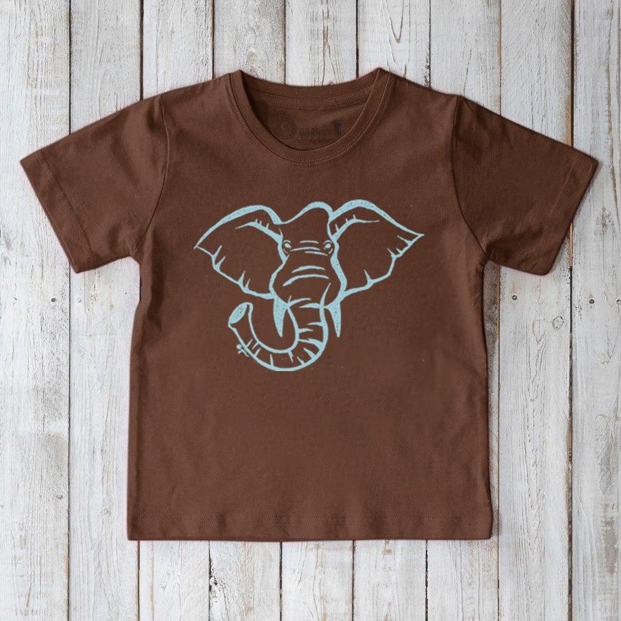 Brown Kids' Elephant Organic Cotton T-Shirt with light blue elephant graphic, sustainable safari animal tee by Uni-T for eco-conscious kids.