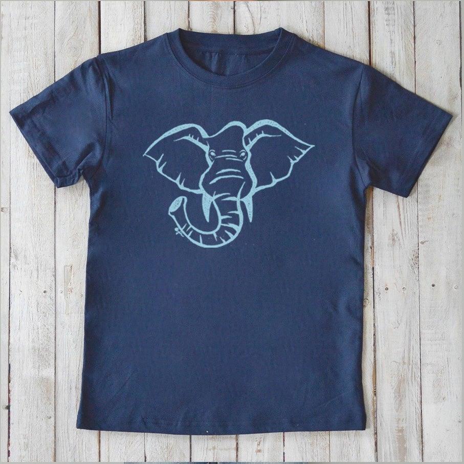 Navy blue Kids' Elephant Organic Cotton T-Shirt with light blue wildlife print, Uni-T's sustainable nature-themed top for children.