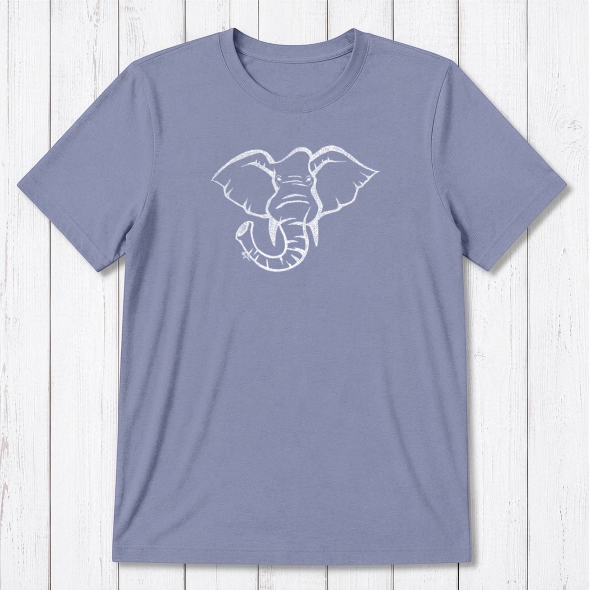 Lavender Men's Elephant T-Shirt in Bamboo & Organic Cotton with white wildlife graphic, classic fit eco-friendly tee for animal lovers.