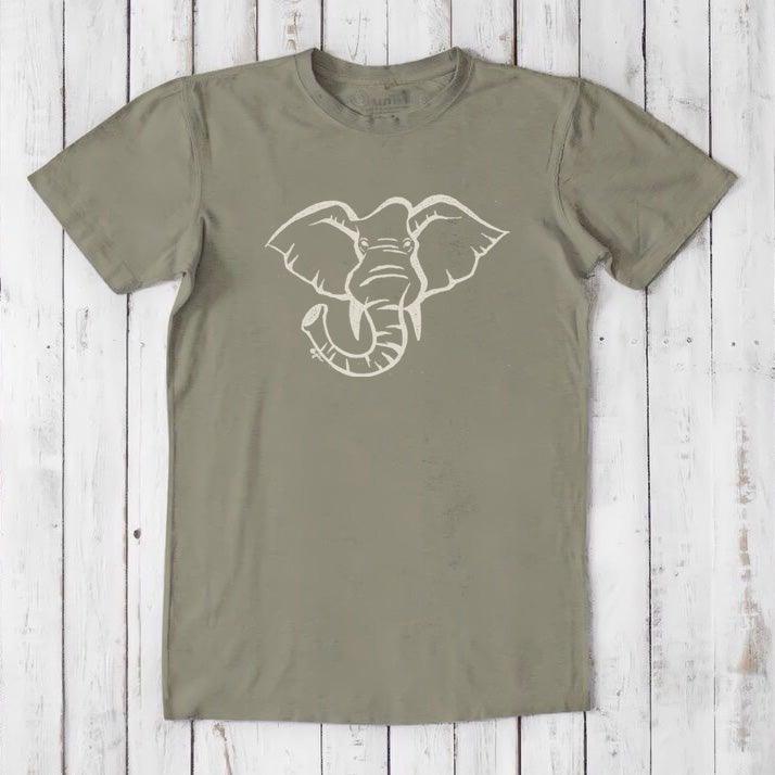 Olive green Men's Elephant T-Shirt in Bamboo & Organic Cotton with ivory elephant print, sustainable graphic tee gift for him.