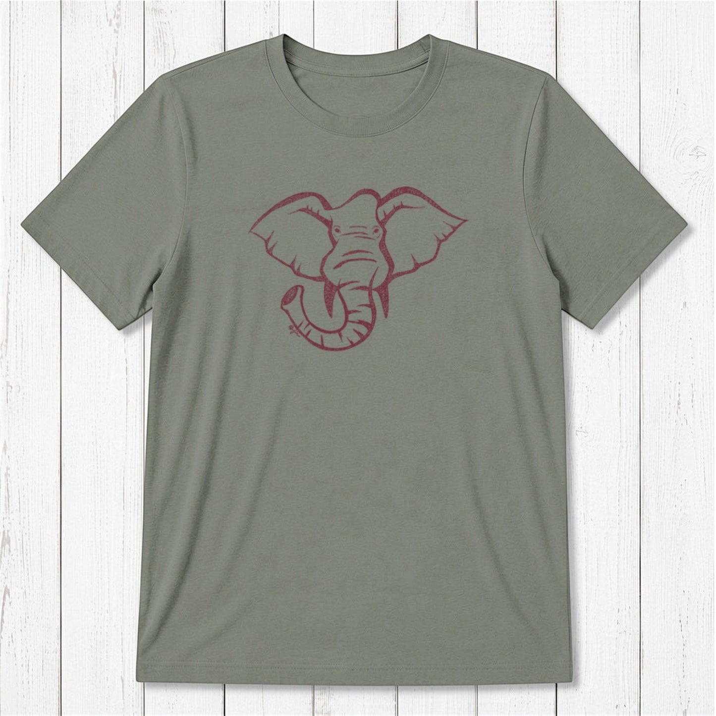 Olive green Men's Elephant T-Shirt in Bamboo & Organic Cotton with ivory elephant print, sustainable graphic tee gift for him.