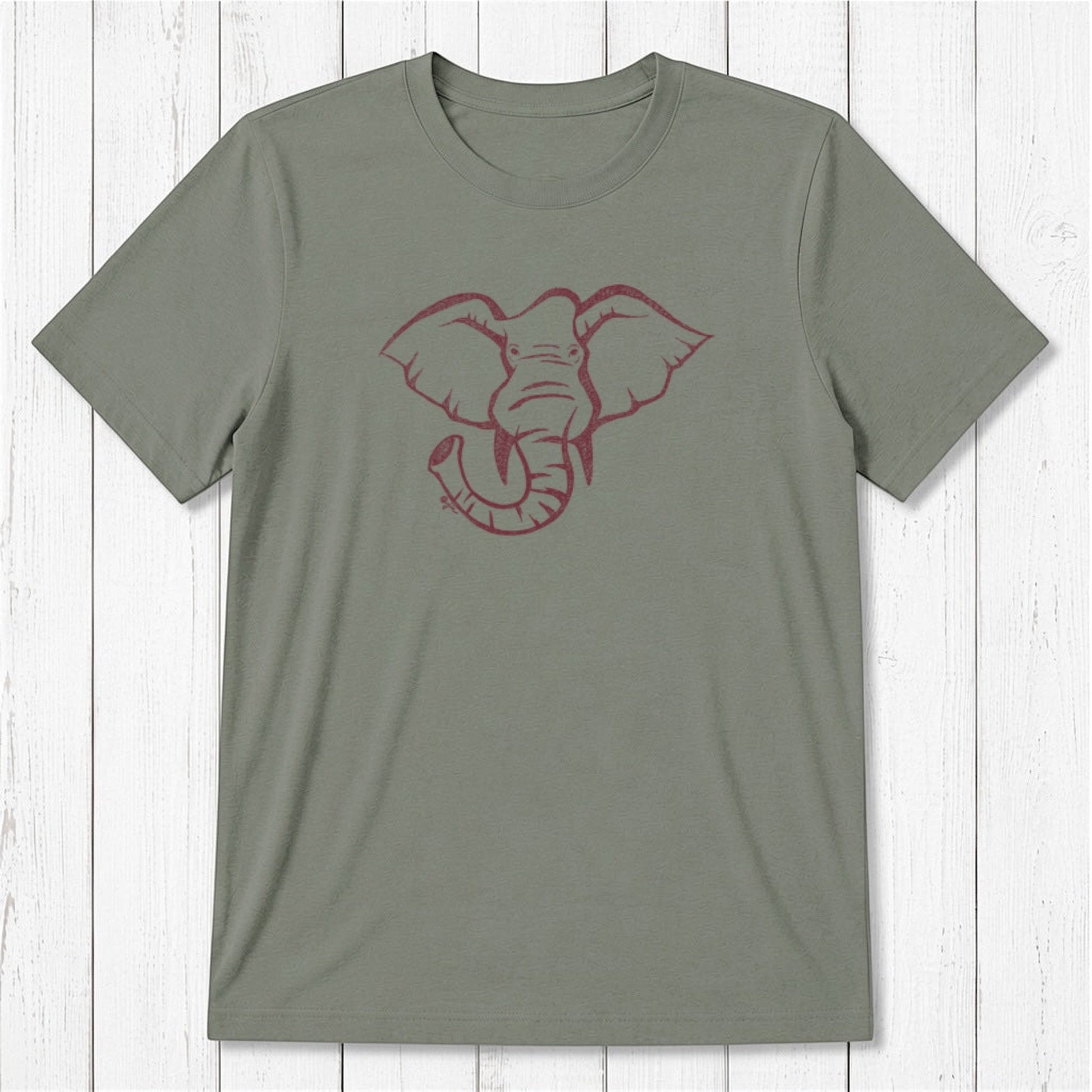 Olive green Men's Elephant T-Shirt in Bamboo & Organic Cotton with ivory elephant print, sustainable graphic tee gift for him.