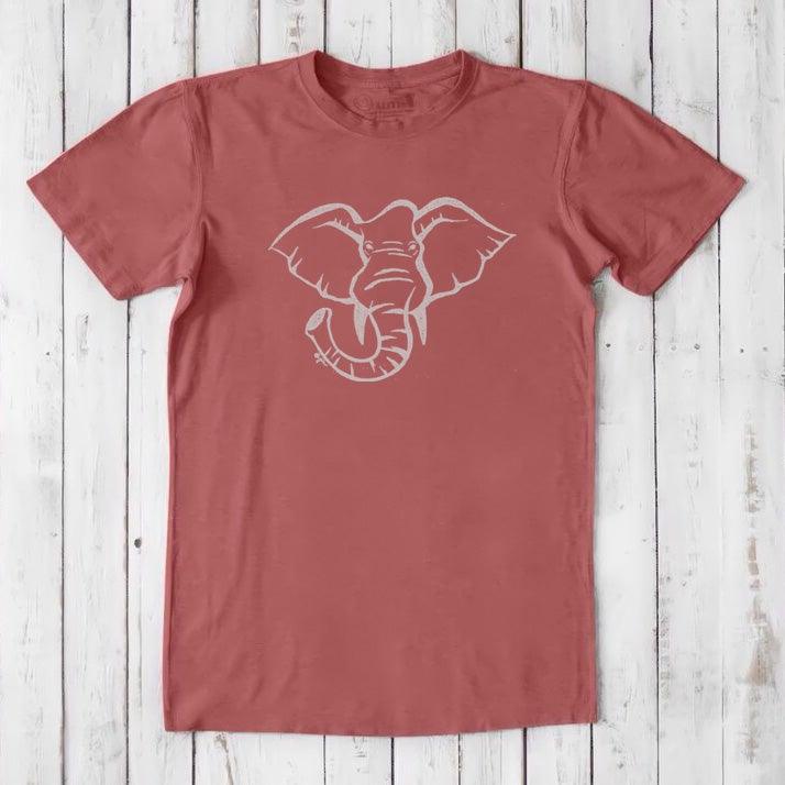 Brick red Men's Elephant T-Shirt in Bamboo & Organic Cotton, featuring a white elephant graphic, soft eco-conscious wildlife tee.