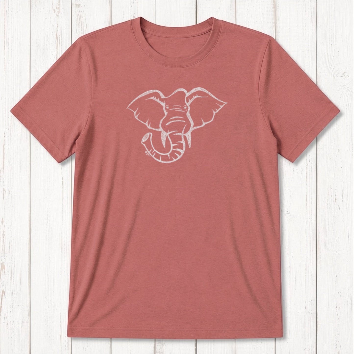 Brick red Men's Elephant T-Shirt in Bamboo & Organic Cotton, featuring a white elephant graphic, soft eco-conscious wildlife tee.
