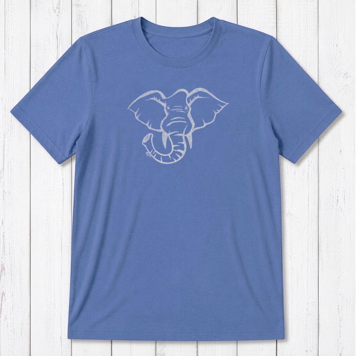 Blue Men's Elephant T-Shirt in Bamboo & Organic Cotton with white elephant design, classic fit animal graphic tee for nature lovers.