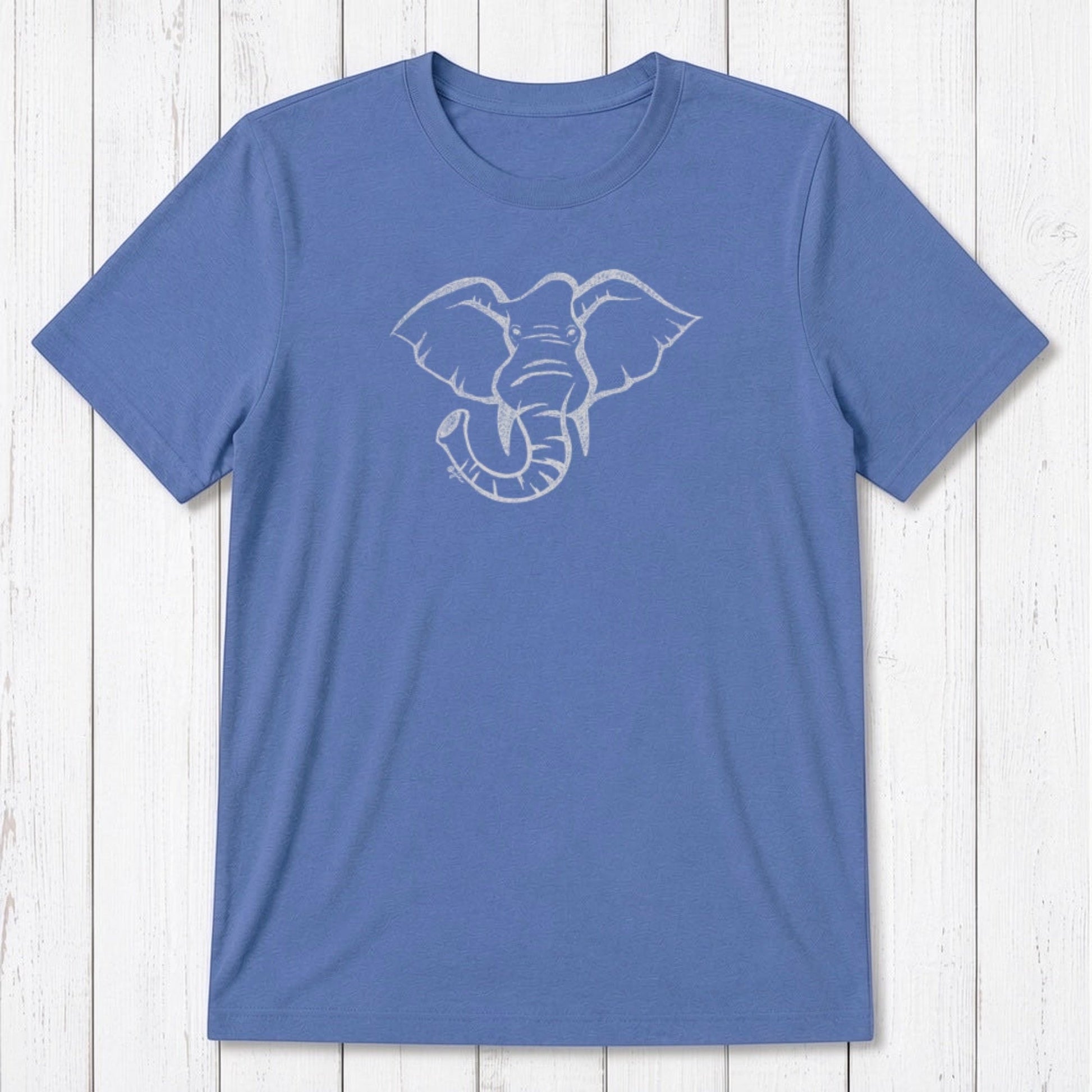 Blue Men's Elephant T-Shirt in Bamboo & Organic Cotton with white elephant design, classic fit animal graphic tee for nature lovers.