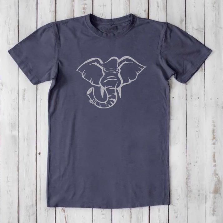 Charcoal gray Men's Elephant T-Shirt in Bamboo & Organic Cotton, wildlife graphic tee with elephant print, sustainable fashion gift.