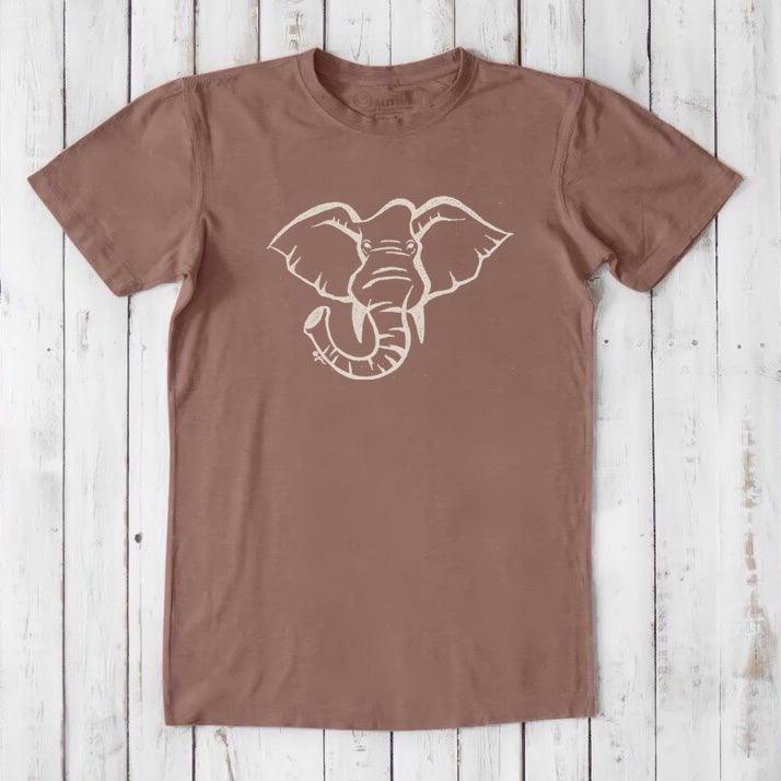 Brown Men's Elephant T-Shirt in Bamboo & Organic Cotton with ivory elephant graphic, soft and sustainable animal-themed tee.