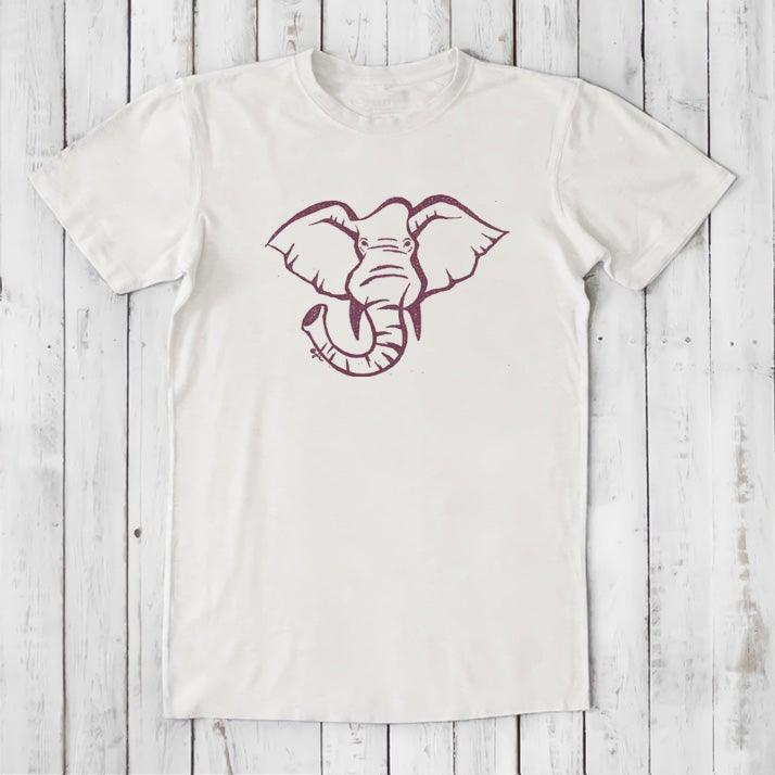 Cream Men's Elephant T-Shirt in Bamboo & Organic Cotton with maroon elephant print, eco-conscious classic fit tee for animal lovers.