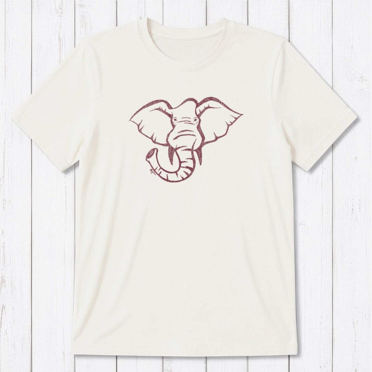 Cream Men's Elephant T-Shirt in Bamboo & Organic Cotton with maroon elephant print, eco-conscious classic fit tee for animal lovers.