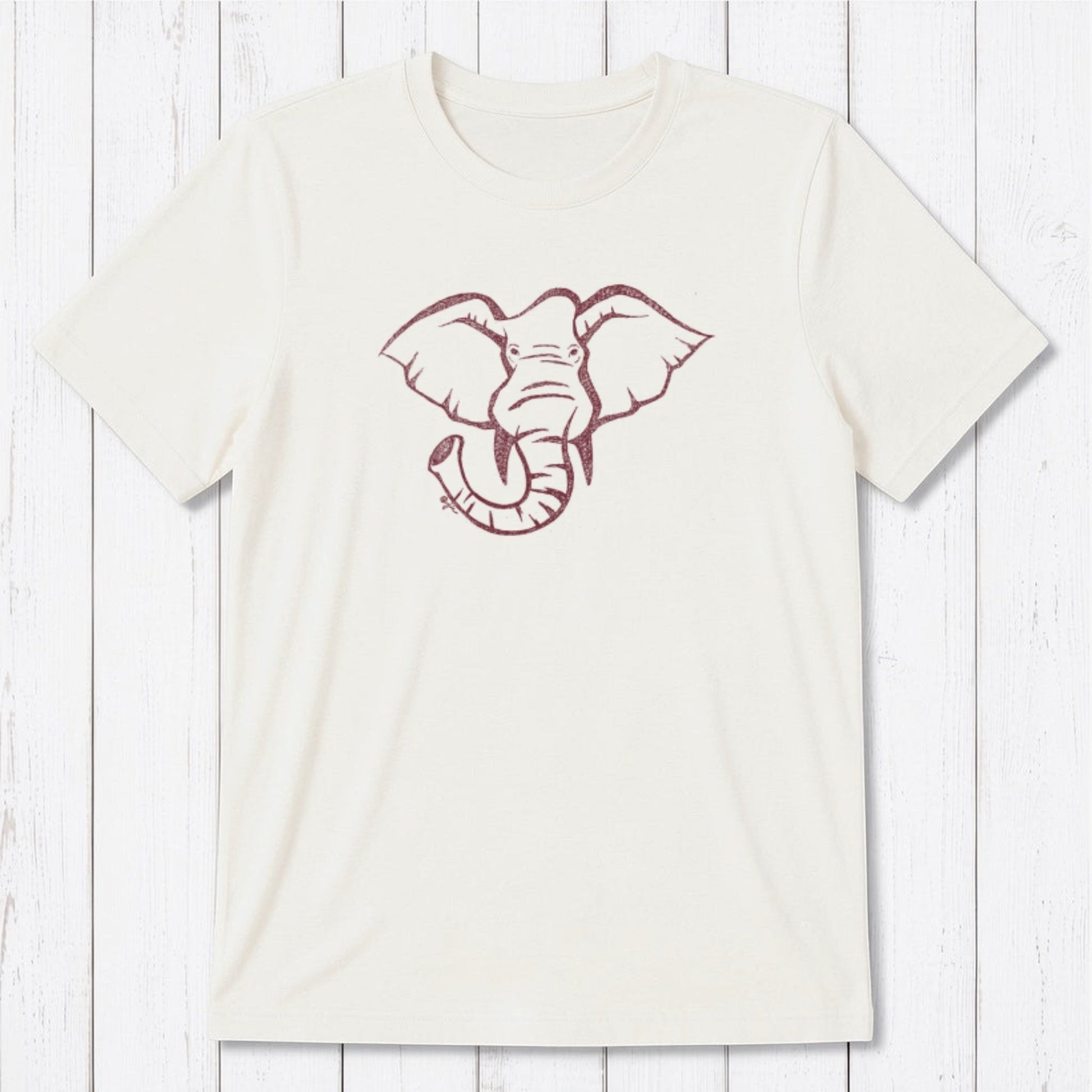 Cream Men's Elephant T-Shirt in Bamboo & Organic Cotton with maroon elephant print, eco-conscious classic fit tee for animal lovers.