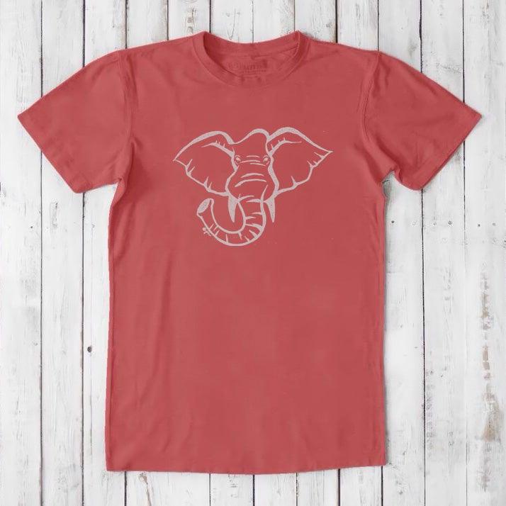 Red Men's Elephant T-Shirt in Bamboo & Organic Cotton with white elephant graphic, sustainable and symbolic tee of strength and wisdom.