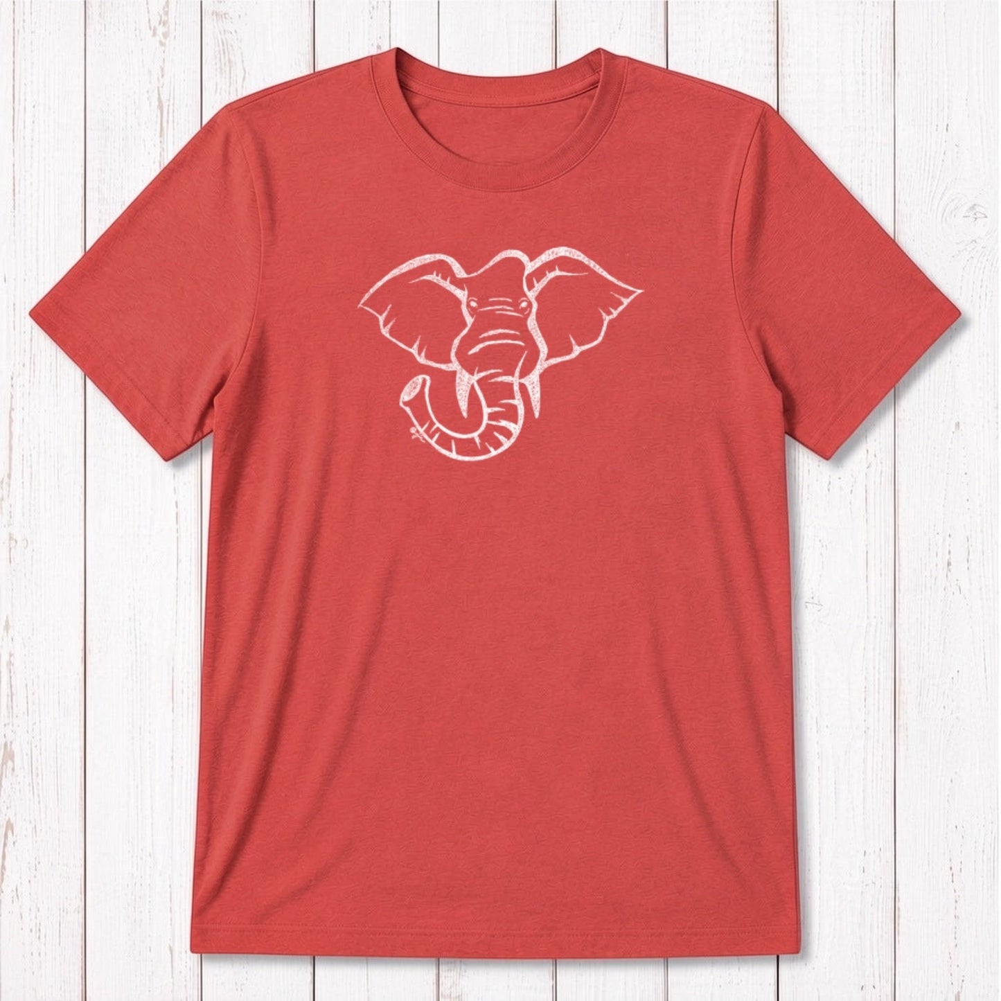 Red Men's Elephant T-Shirt in Bamboo & Organic Cotton with white elephant graphic, sustainable and symbolic tee of strength and wisdom.