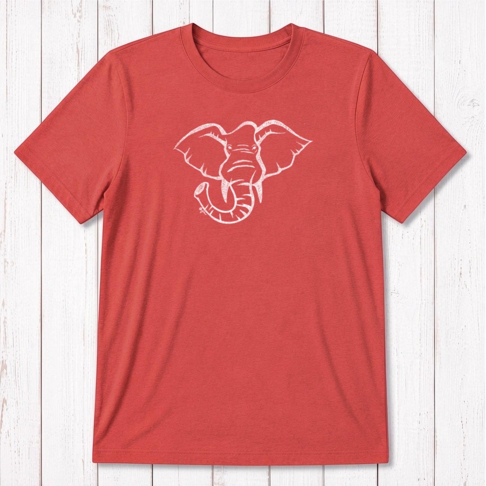 Red Men's Elephant T-Shirt in Bamboo & Organic Cotton with white elephant graphic, sustainable and symbolic tee of strength and wisdom.