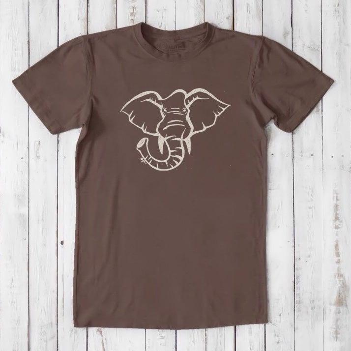 Chocolate brown Men's Elephant T-Shirt in Bamboo & Organic Cotton with ivory elephant design, classic fit nature-inspired tee.