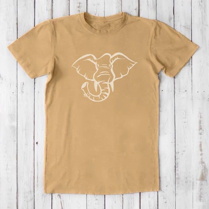Tan Men's Elephant T-Shirt in Bamboo & Organic Cotton featuring white elephant graphic, soft and sustainable wildlife-themed tee.