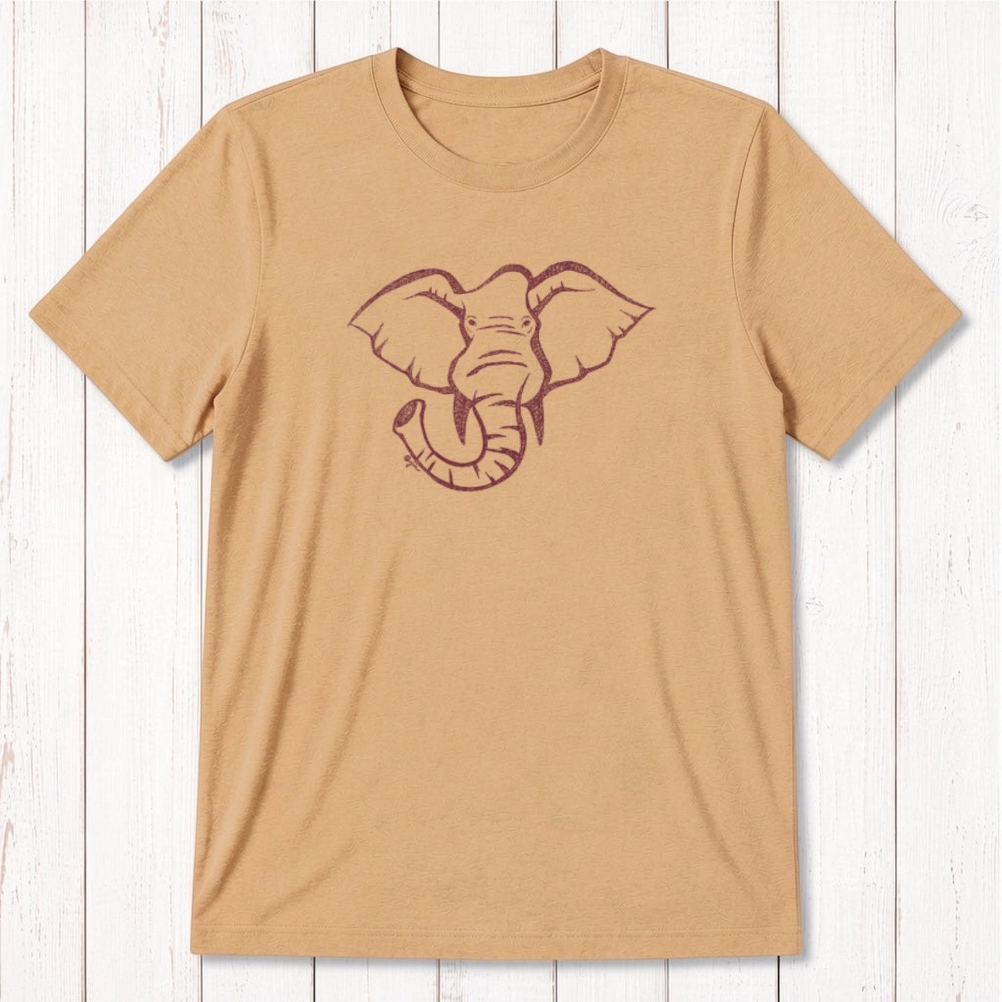 Tan Men's Elephant T-Shirt in Bamboo & Organic Cotton featuring white elephant graphic, soft and sustainable wildlife-themed tee.