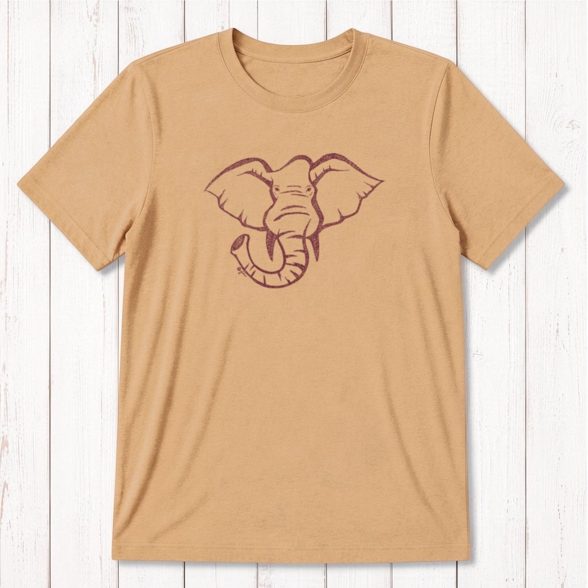 Tan Men's Elephant T-Shirt in Bamboo & Organic Cotton featuring white elephant graphic, soft and sustainable wildlife-themed tee.