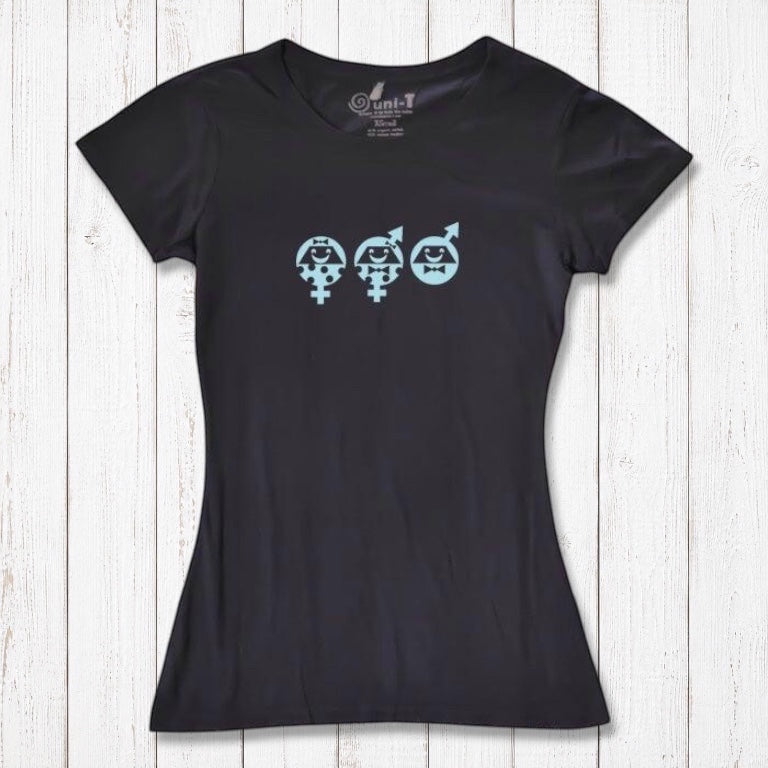 Women's Equality T-Shirt in black bamboo & organic cotton with blue human rights graphic. Eco-friendly tee promoting social justice and unity.