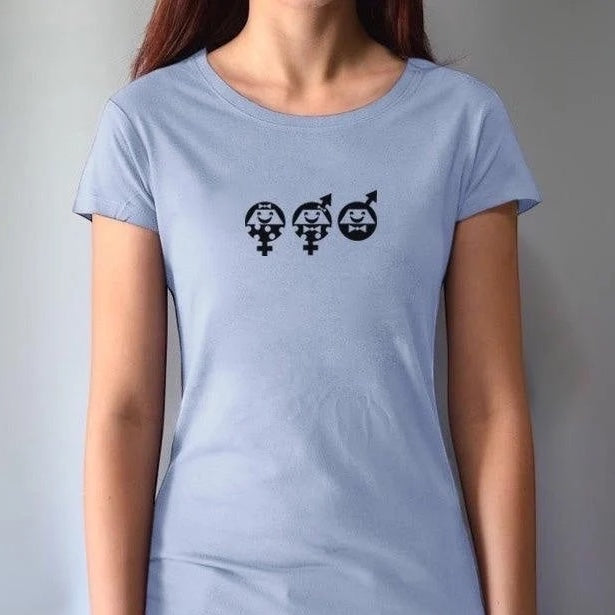 Women's Equality T-Shirt in light blue bamboo & organic cotton with black graphic. Ethical statement tee for allies supporting social justice.