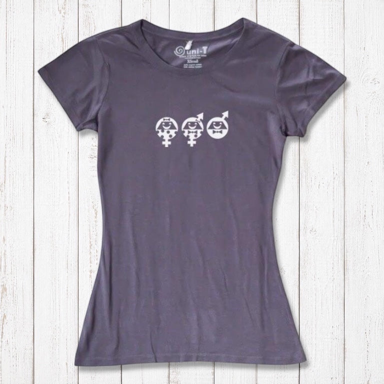 Women's Equality T-Shirt in gray bamboo & organic cotton with white graphic. Eco-conscious fashion supporting gender equality and unity.