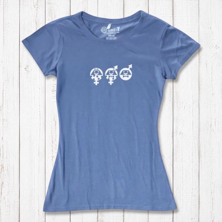 Women's Equality T-Shirt in sky blue bamboo & organic cotton with white graphic. Sustainable fashion piece supporting equality and activism.
