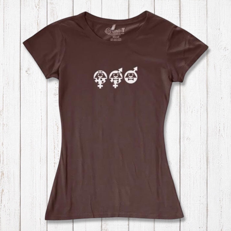 Women's Equality T-Shirt in brown bamboo & organic cotton with white graphic. Organic cotton tee supporting social justice and fairness.