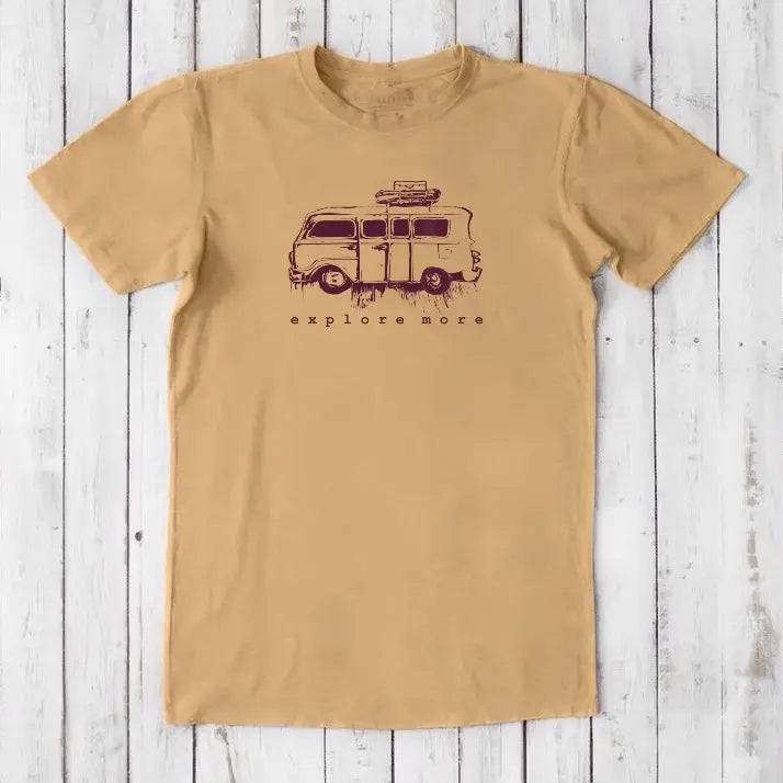Vintage-style men's bamboo & organic cotton T-shirt in mustard yellow featuring a retro van and 'Explore More' text, perfect gift for travelers.